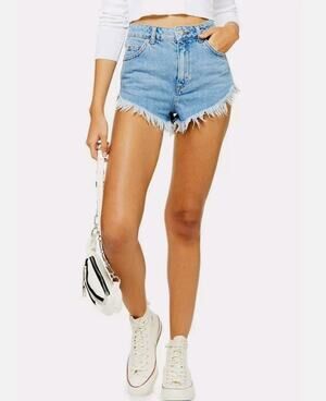 Topshop Kiri High-Waisted Distressed Denim Frayed Jean Shorts w/ Pockets